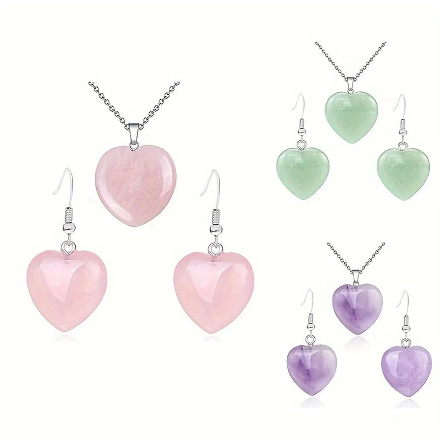 Natural Stone Rose Quartzs Heart Earrings Necklace